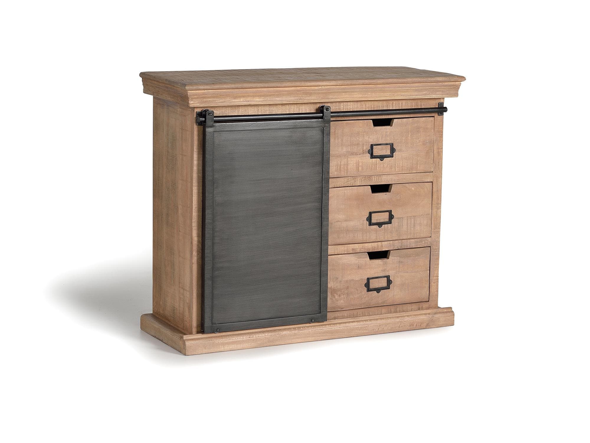 Teollisuustyylinen lipasto mangopuusta metalliyksityiskohdilla