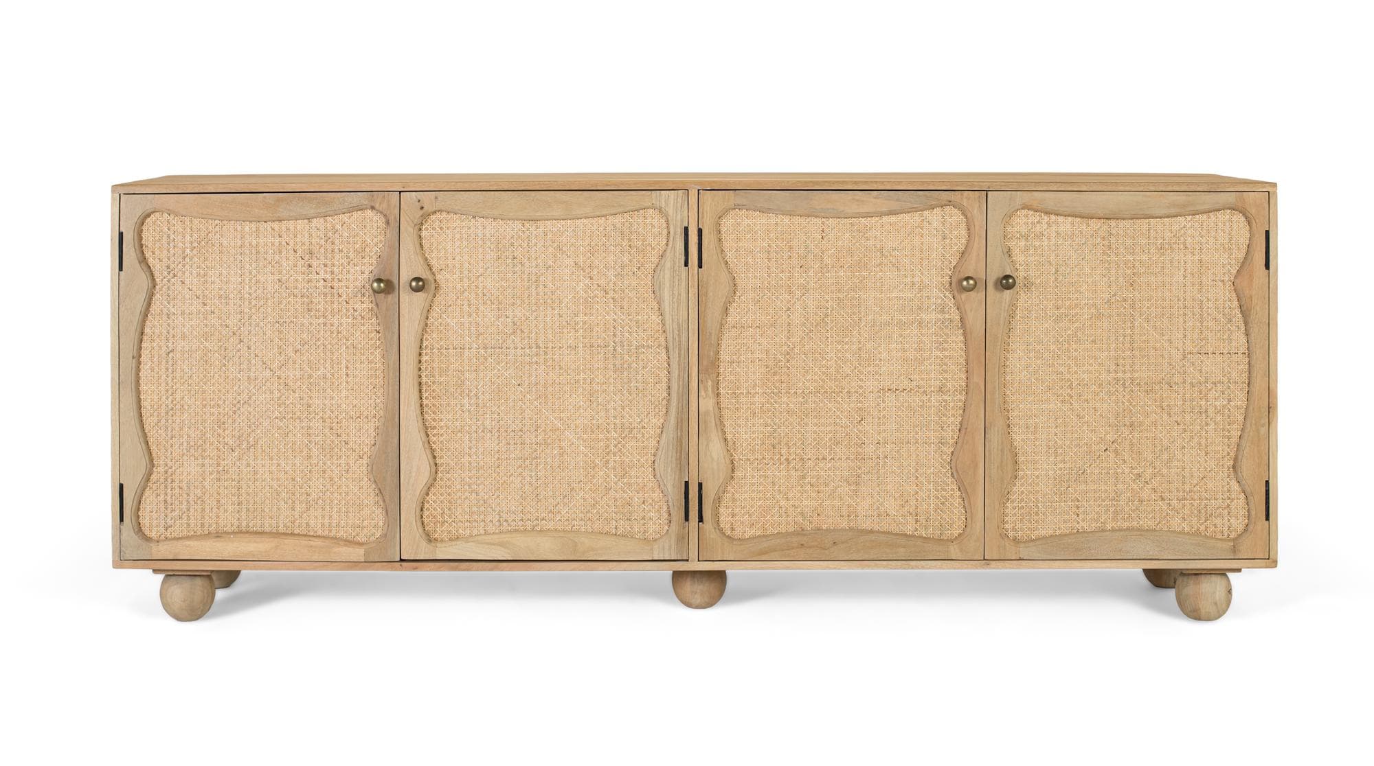 Mangopuinen senkki, jossa on neljä ovea ja käsintehty muotoilu