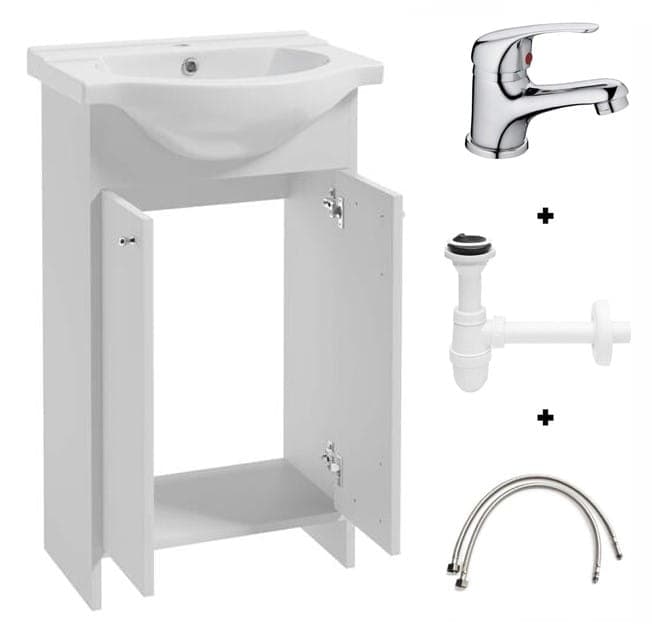 Kylpyhuonesarja: kaappi pesualtaalla 50 valkoinen + Diana hana ja sifoni