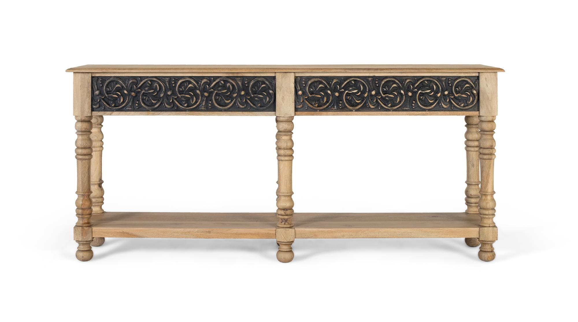 Mangopuusta valmistettu konsoli, jossa on käsintehty muotoilu