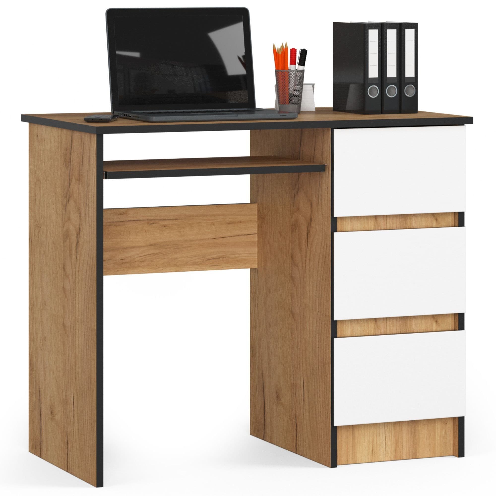 Akord Tietokonepöytä 3 laatikkoa Oikea Craft-tammi/Valkoinen 90x50x77