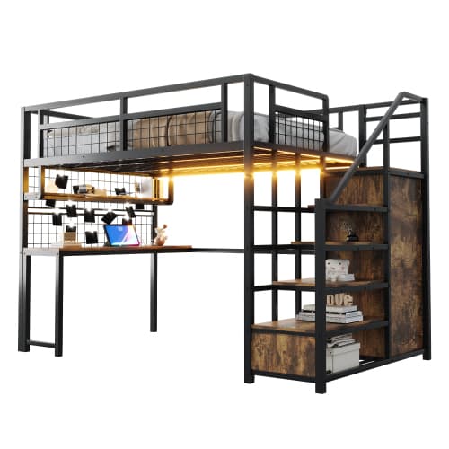 Metallinen kerrossänky 140x200, tikkailla säilytystilaa ja yksinkertaisella vaatekaapilla, hylly, pöytä, verkkohylly, LED-nauha, pistorasia, musta