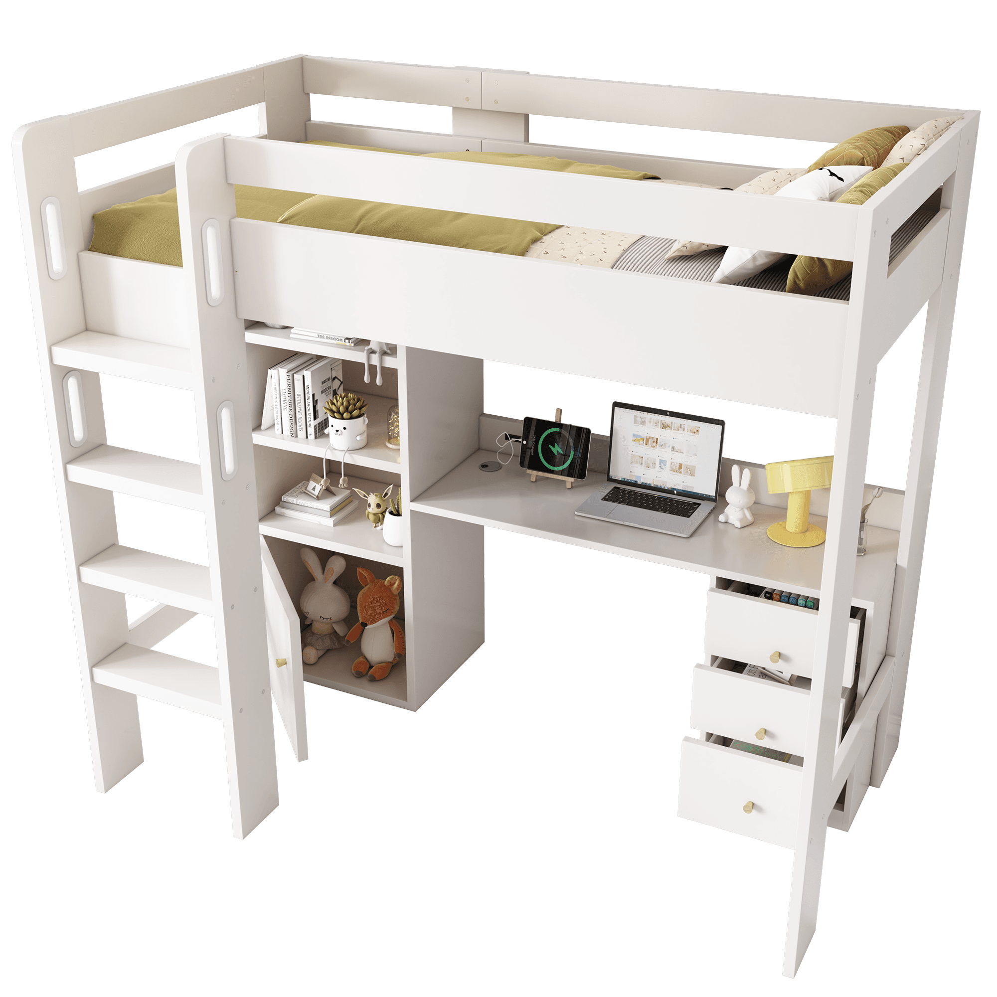 Lasten parvisänky, 90x200cm, USB C -pöytä, vaatekaappi ja säilytystila, ei patjaa