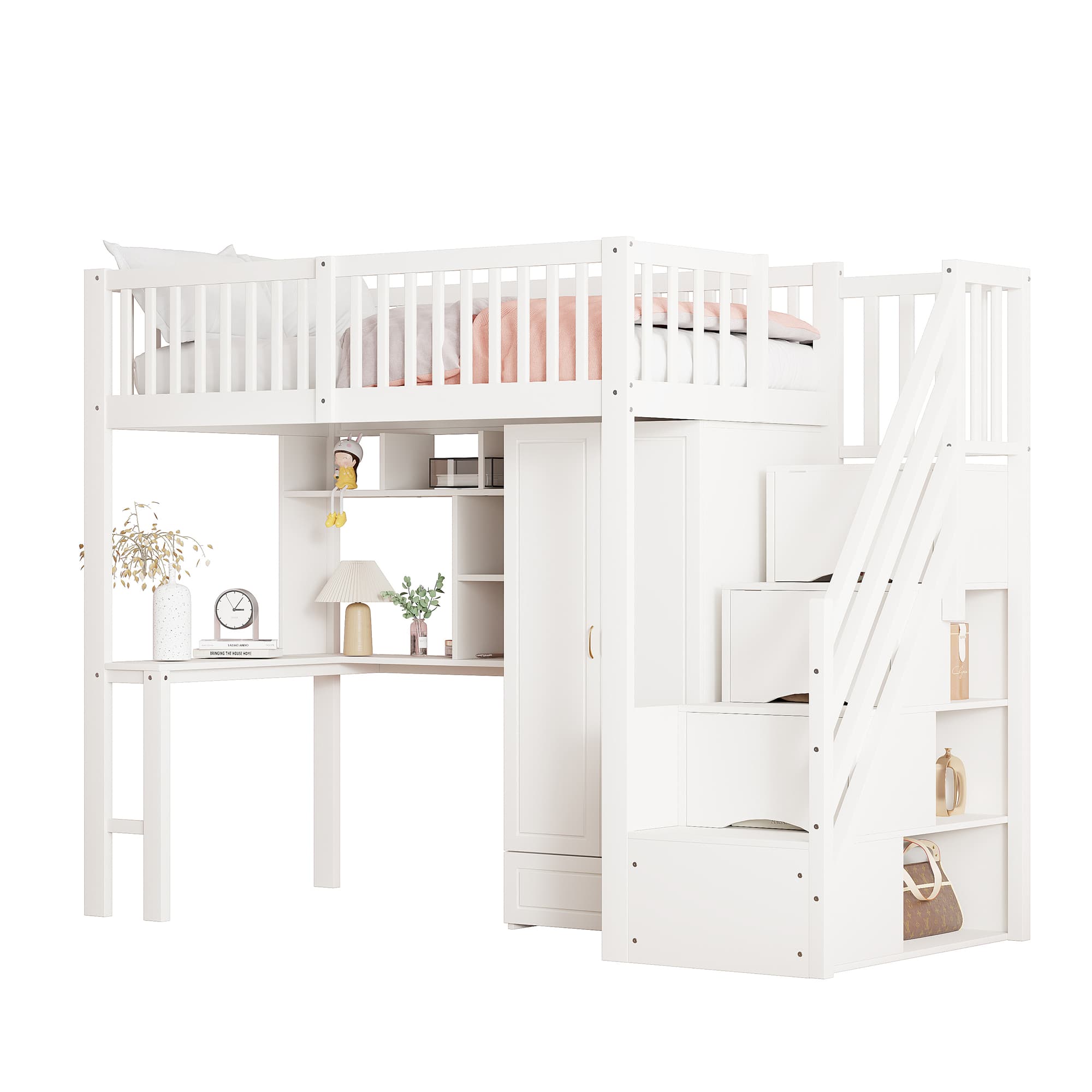 Säilytysloft-sänky, 90x200cm, vaatekaapin, hyllyn, työpöydän ja portaiden kanssa, valkoinen