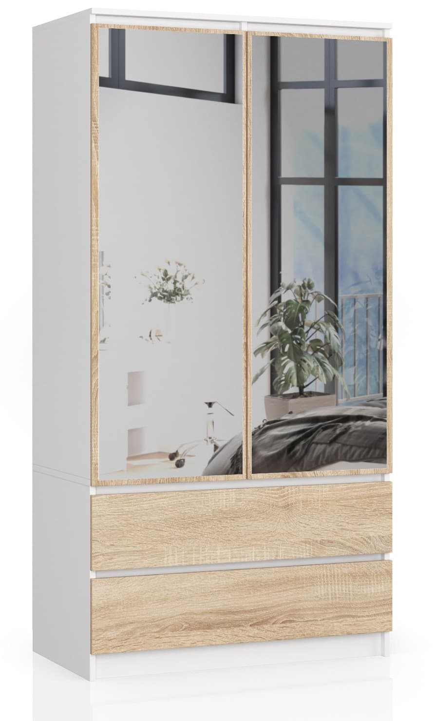 Akord Vaatekaappi 2-ovinen 2-laatikollinen 2-peilinen Valkoinen/Sonoma-tammi 90x51x180