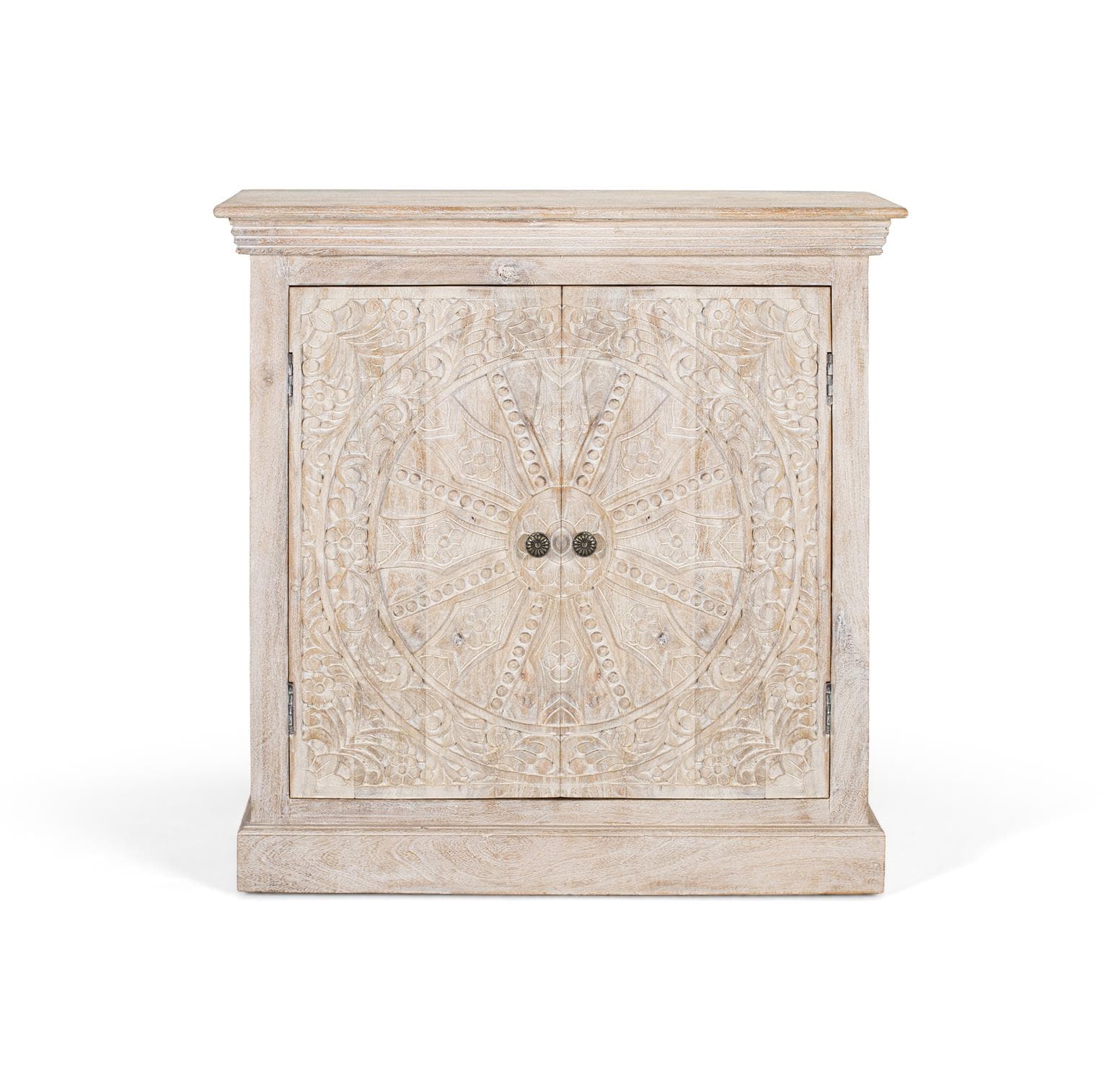 Käsintehty mangopuusta valmistettu senkki, jossa on kaksi ovea