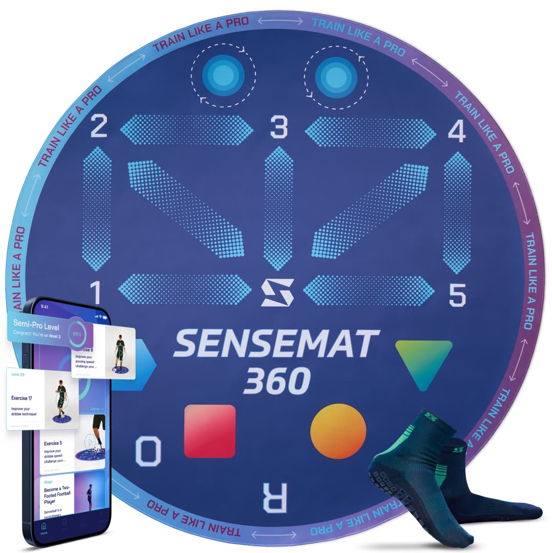SenseBall® SenseMat 360 jalkapallon harjoittelumatto ja sovellus - 360° pinta, luistamaton TPU ja PE-vaahto, mukana pitosukat ja yli 50 harjoitetta