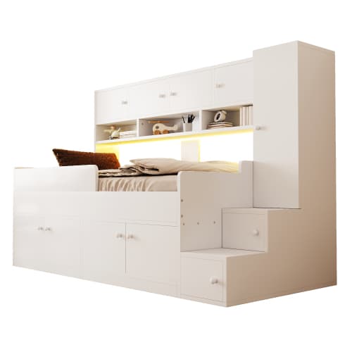 Lastensänky 90x200, yhden hengen, säilytystilaa, hyllyt, vaatekaappi, tikkaat, LED, kaide, puinen, valkoinen