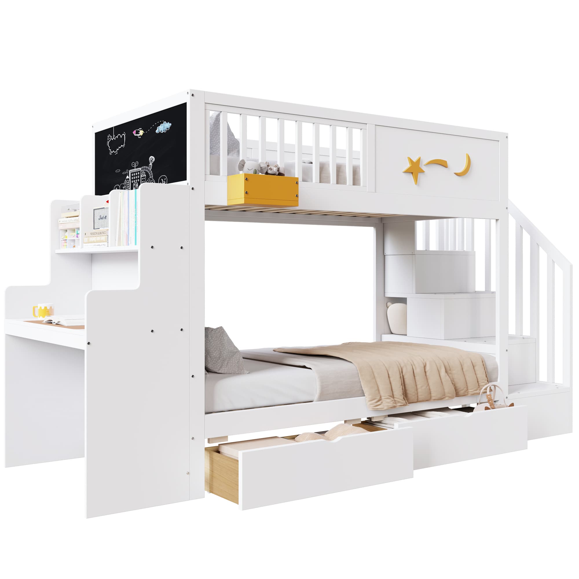 Lasten kerrossänky, 90x200 cm, mänty, laatikot, portaat, työpöytä, tähti, valkoinen