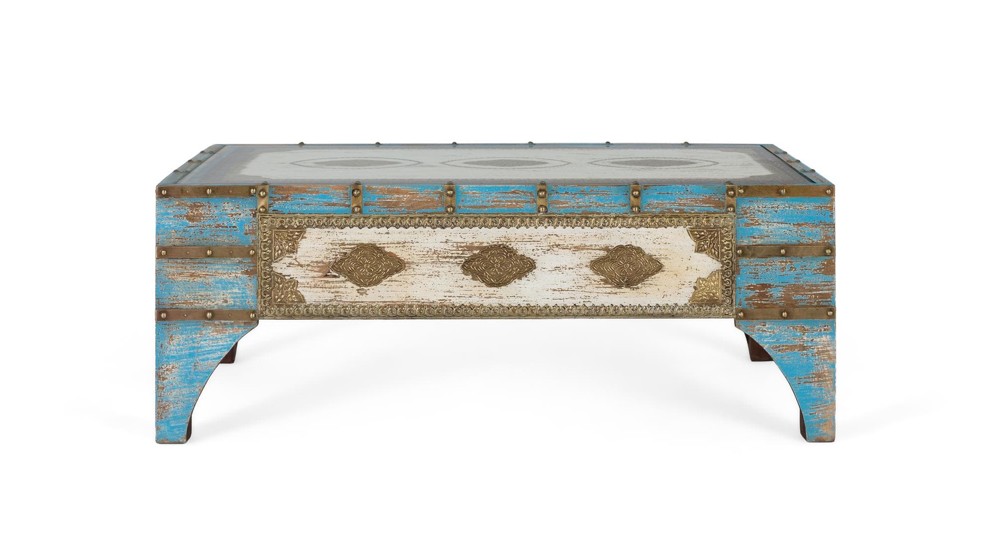 Mangopuusta valmistettu sohvapöytä ikääntyneen sinisen ja valkoisen sävyissä