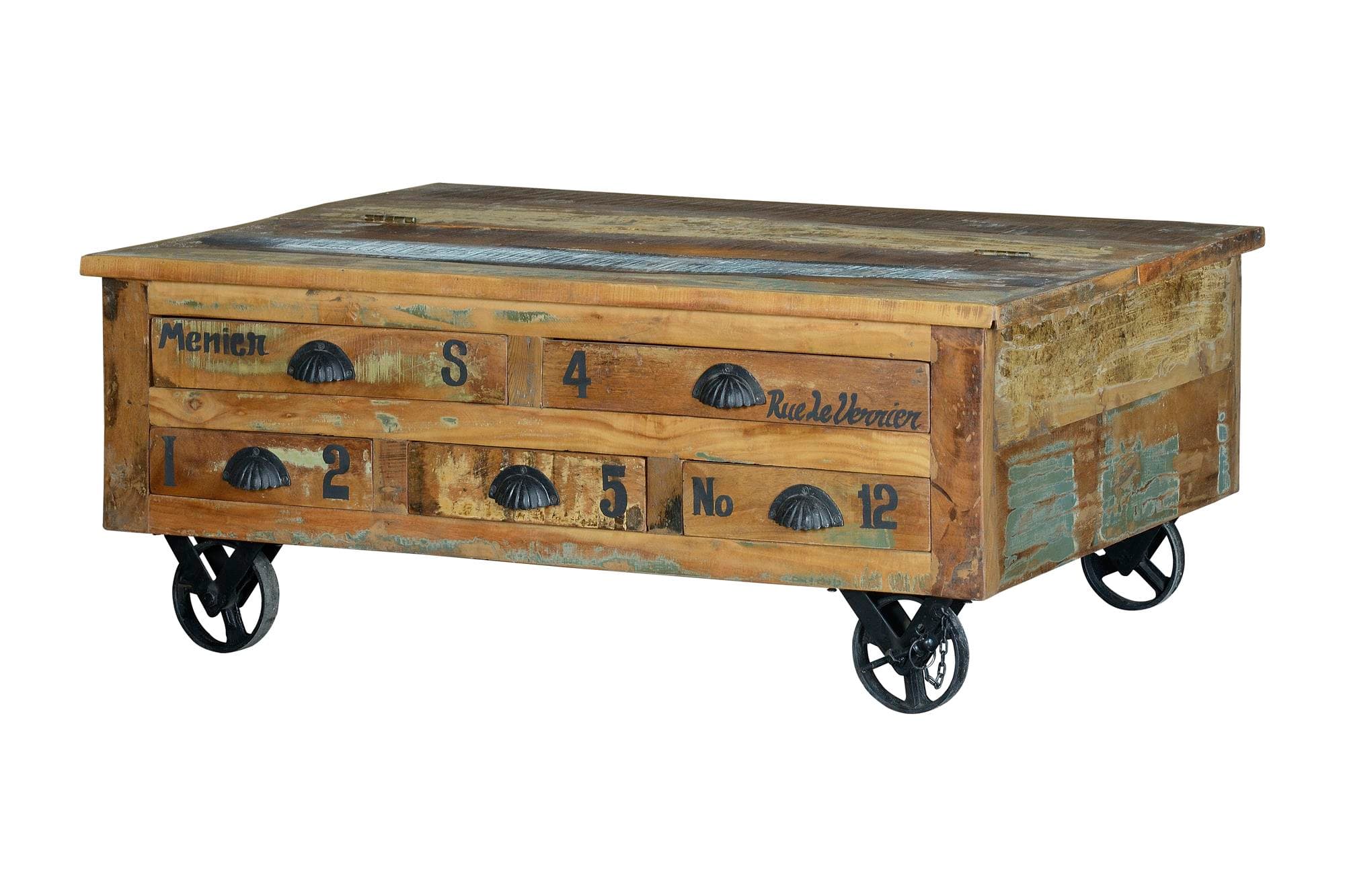 Kierrätetystä puusta valmistettu sohvapöytä ja moniväriset metallipyörät