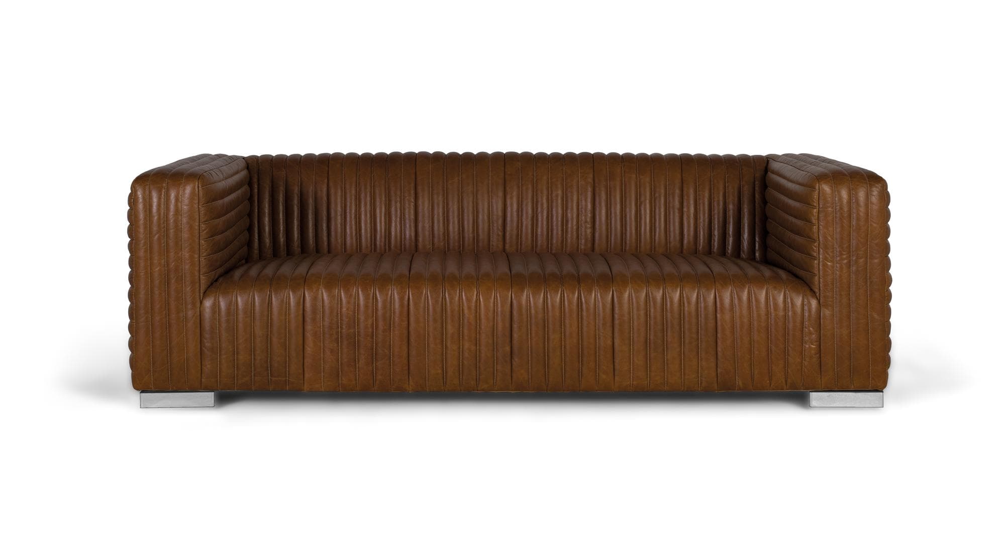 Vintage-tyylinen nahkaverhoiltu sohva teräsjaloilla, 3 istuttavaa