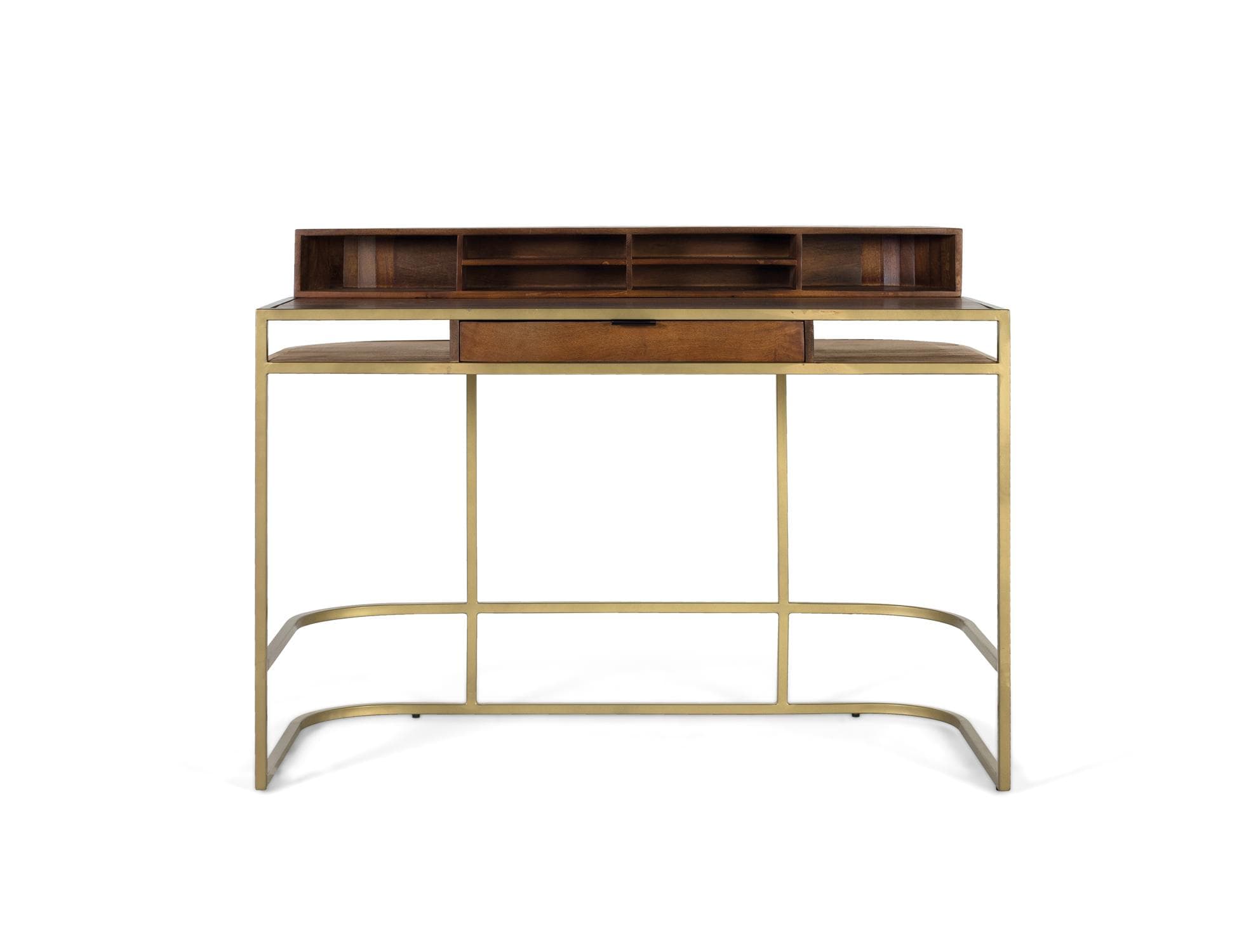 Käsintehty mangopuusta valmistettu työpöytä kullatulla kehyksellä