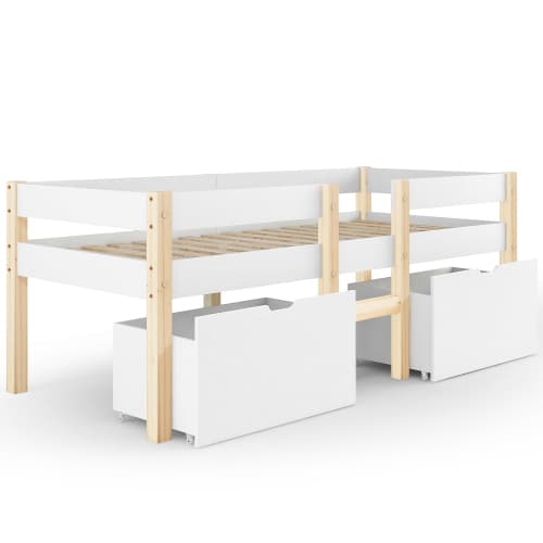 Lastensänky 90 x 190 cm laatikolla ja turvalaidalla, massiivimäntyä, valkoinen ja tammi