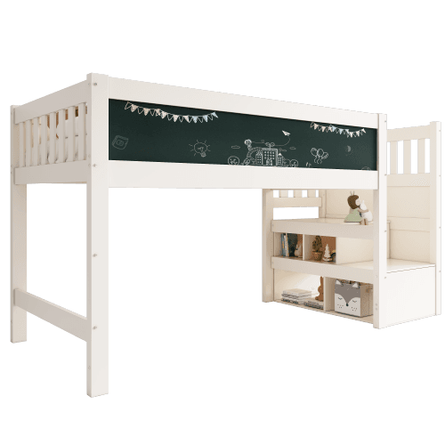 Opiskeluloft-sänky, 90x200cm, valkotaululla liitutaululla varustettu turvakisko, valkoinen
