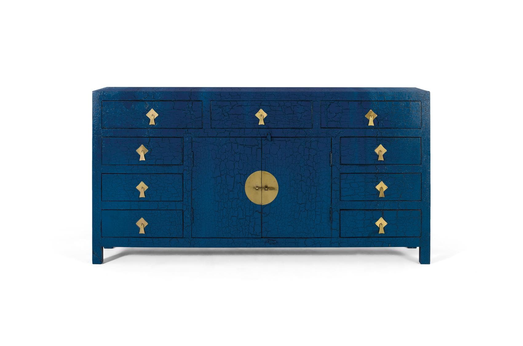 Sininen senkki, jossa on useita ovia ja laatikoita