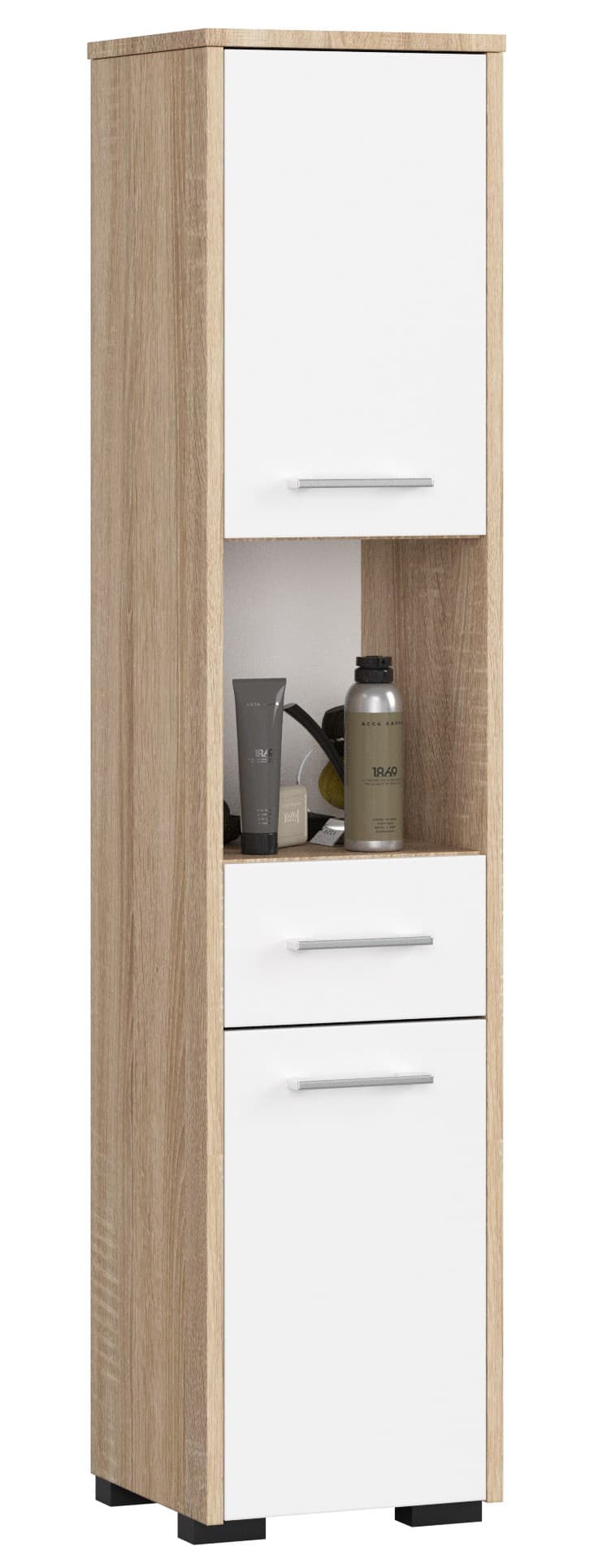 Akord Kylpyhuonekaappi korkea 2 ovea 1 laatikko 1 hylly Sonoma-tammi/Valkoinen 30x30x140
