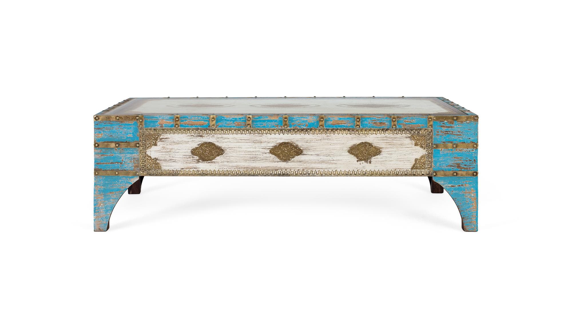 Vanha sininen ja valkoinen mangopuusta valmistettu sohvapöytä