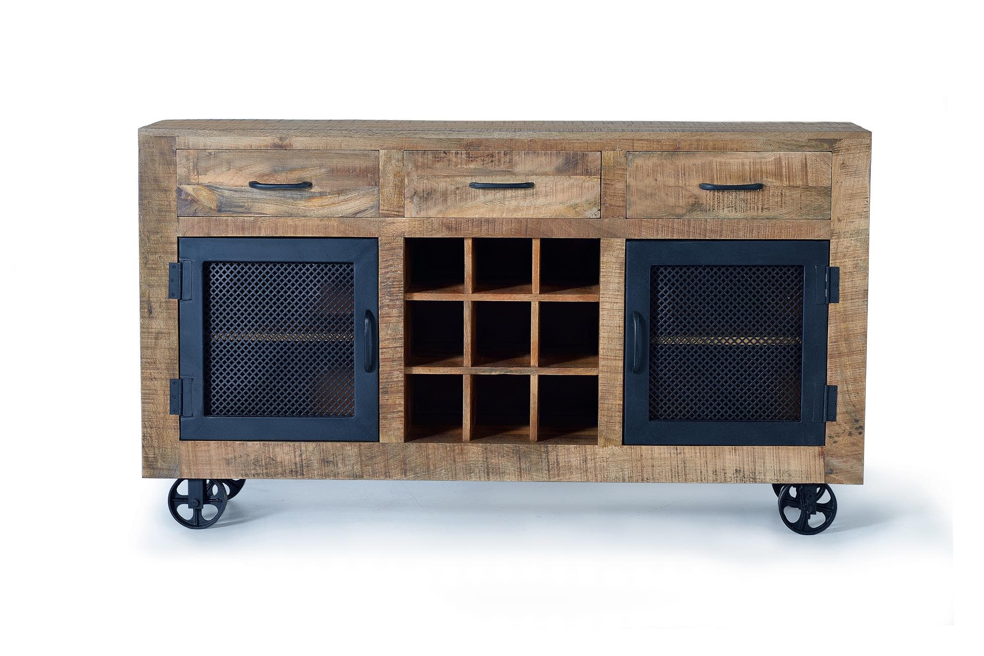 Mangopuusta valmistettu teollinen senkki, jossa on luonnonväriset metallijalat