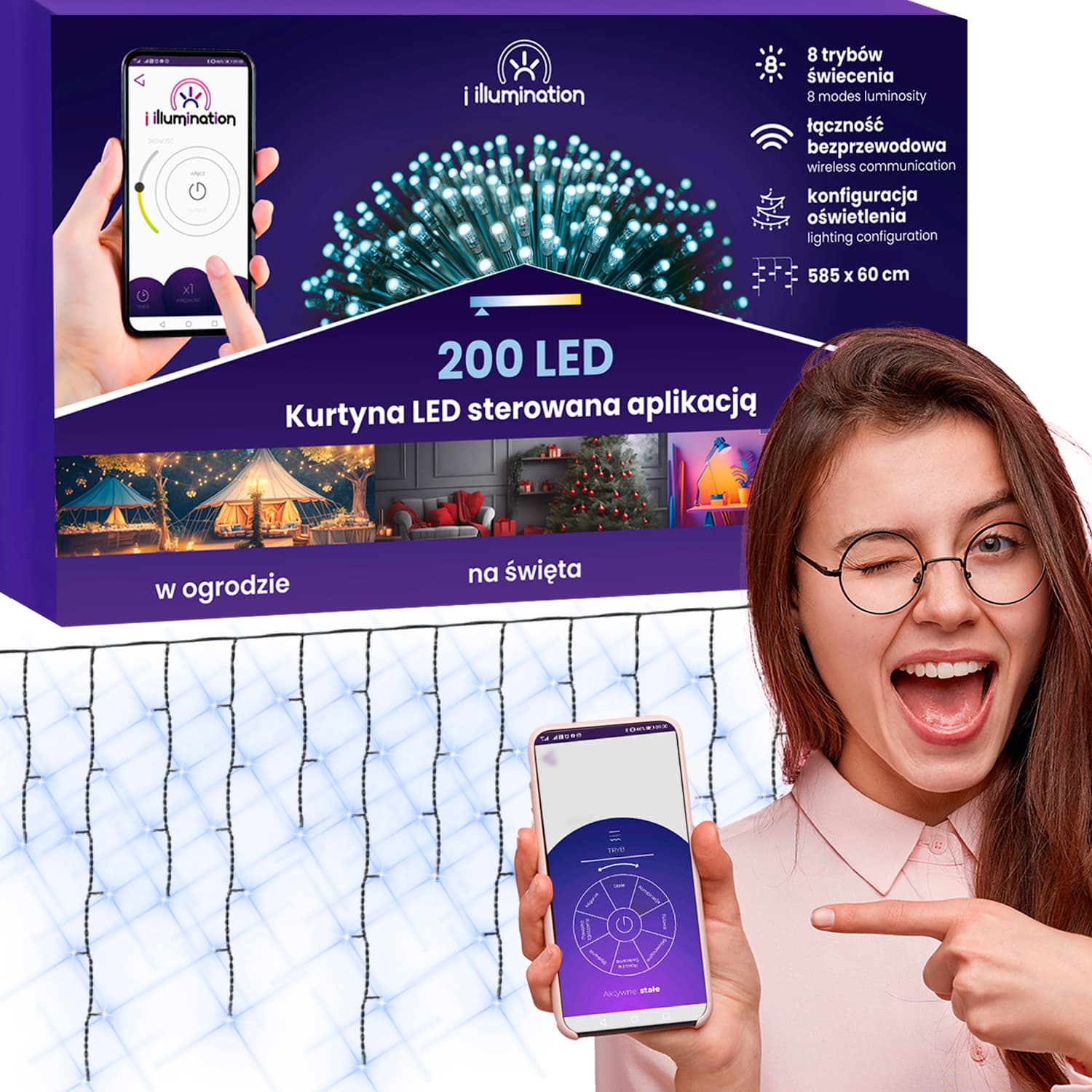 Ympäri vuoden sovelluksen ohjaama LED-verhovalaisinkoriste 200 seppele