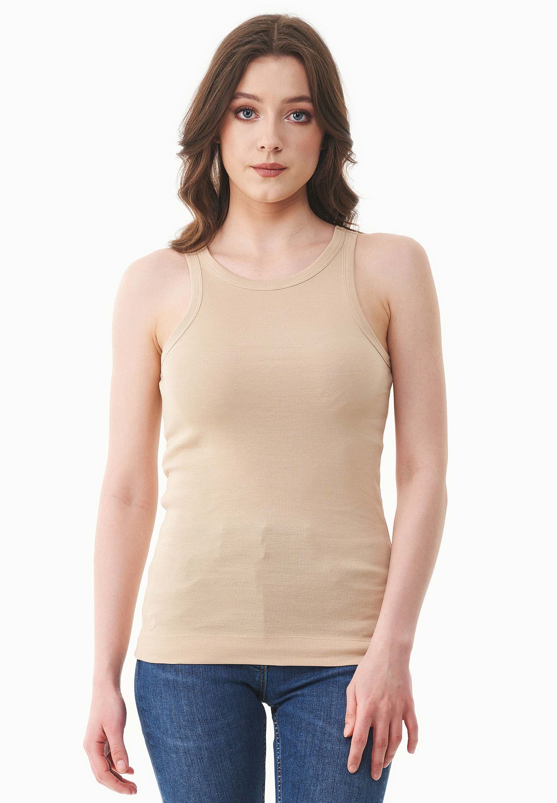 Naisten High Neckline Ribbitoppi Soft Beige – ORGANICATION