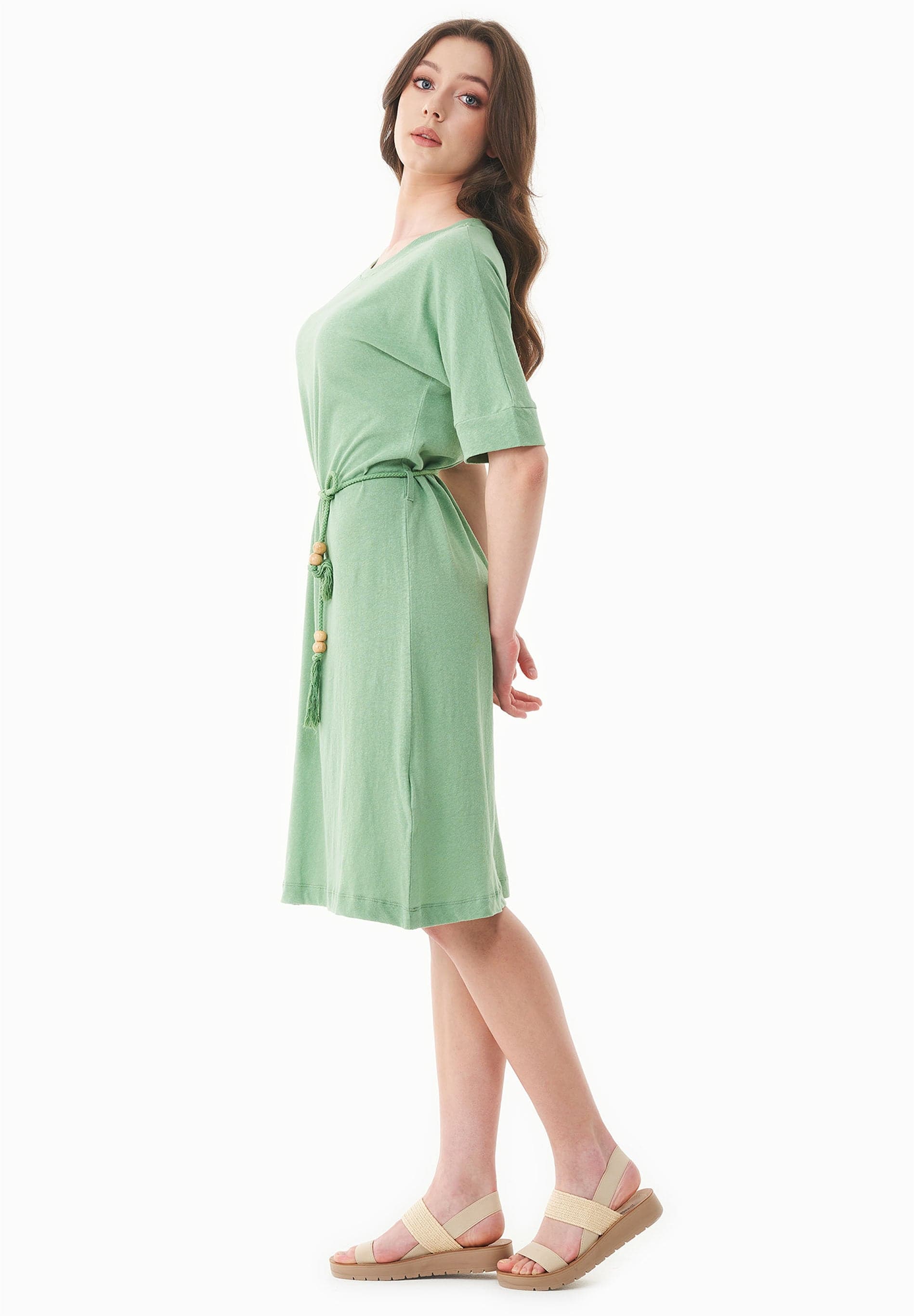 Belted Linen Blend Jersey Dress Matcha Green – ORGANICATION