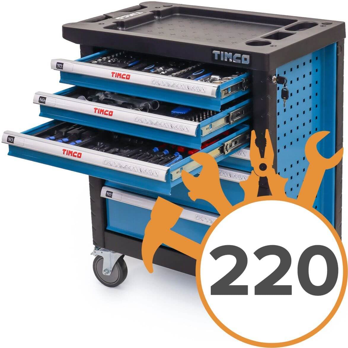Työkaluvaunu + 220 työkalua, sininen, Timco – Timco