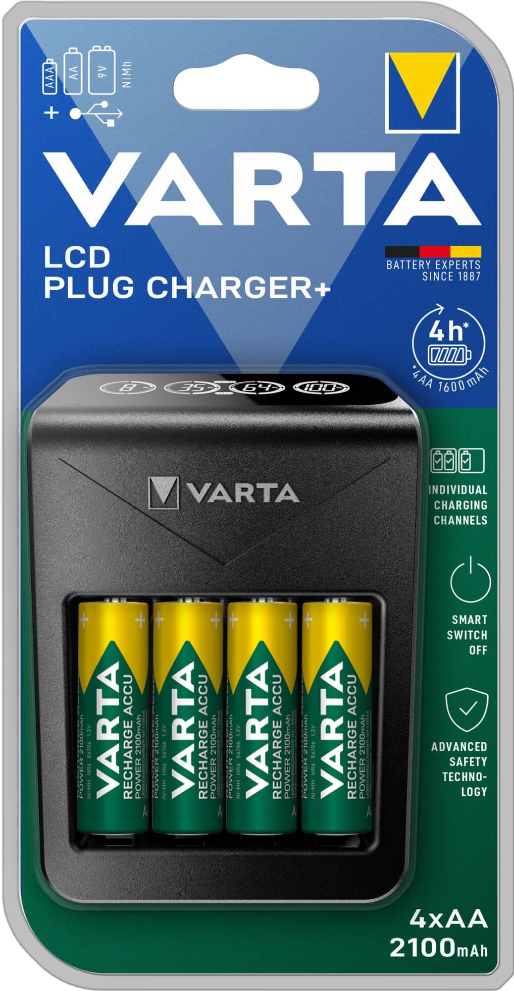 Paristolaturi LCD Plug Charger + 4 kpl AA 2100 mAh, Varta – Varta