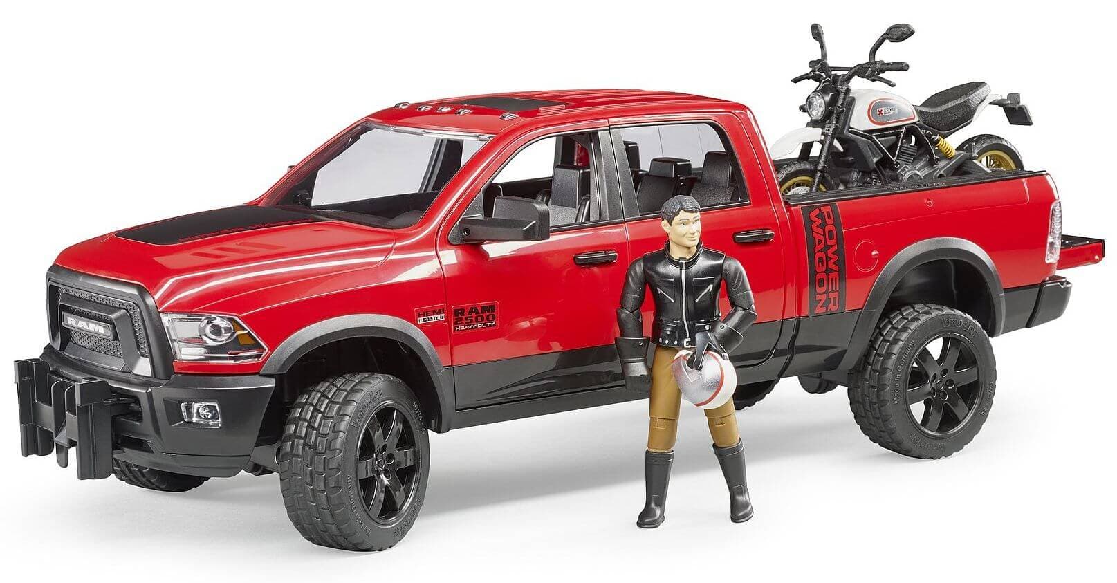 Lelu Avolava-auto RAM 2500 Power Wagon, kuljettaja ja Ducati Scrambler (1:16), Bruder – Bruder