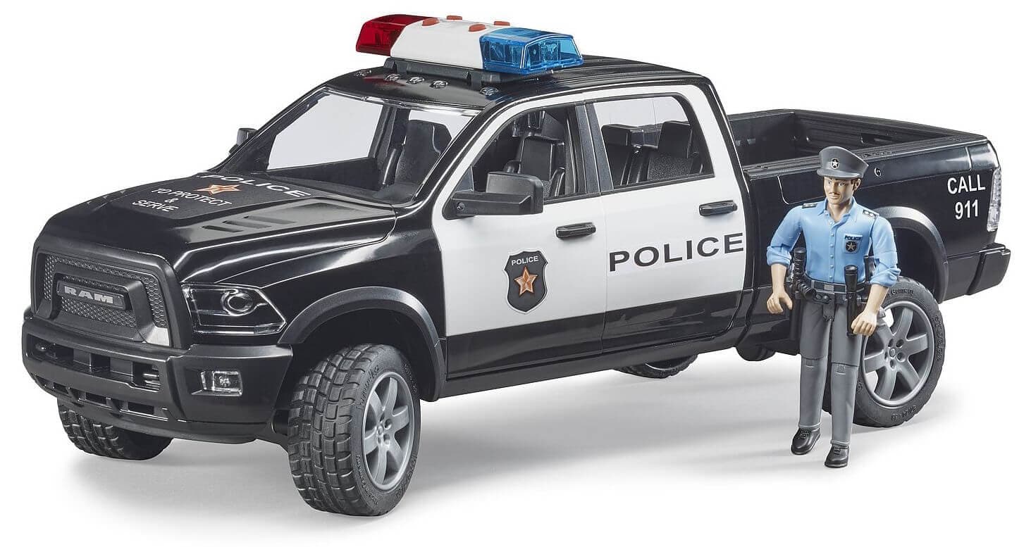 Lelu Poliisiauto Dodge RAM 2500 ja poliisi (1:16), Bruder – Bruder