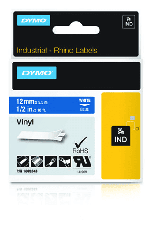 Dymo Tape Rhinopro Pysyvä Vinyyli 12mm Valkoinen/sininen – Dymo