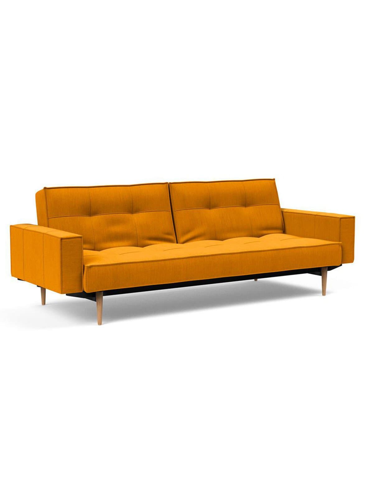 Splitback styletto -vuodesohva käsinojilla elegance-kangas 507 keltainen / tammi – Innovation Living