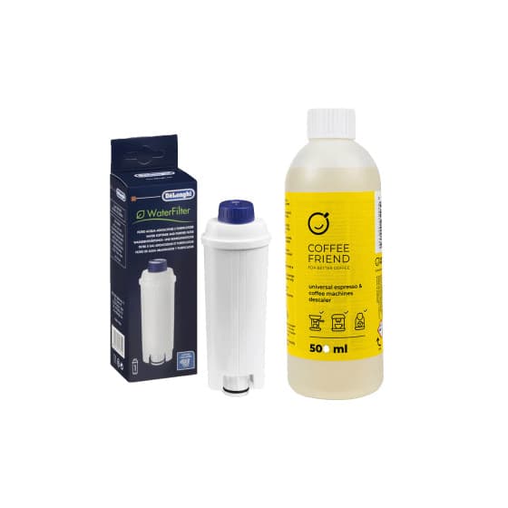 DeLonghi kahvinkoneen huoltosetti (yleiskalkinpoistoaine + DLSC002 (5513292811) vedensuodatin) – De'Longhi