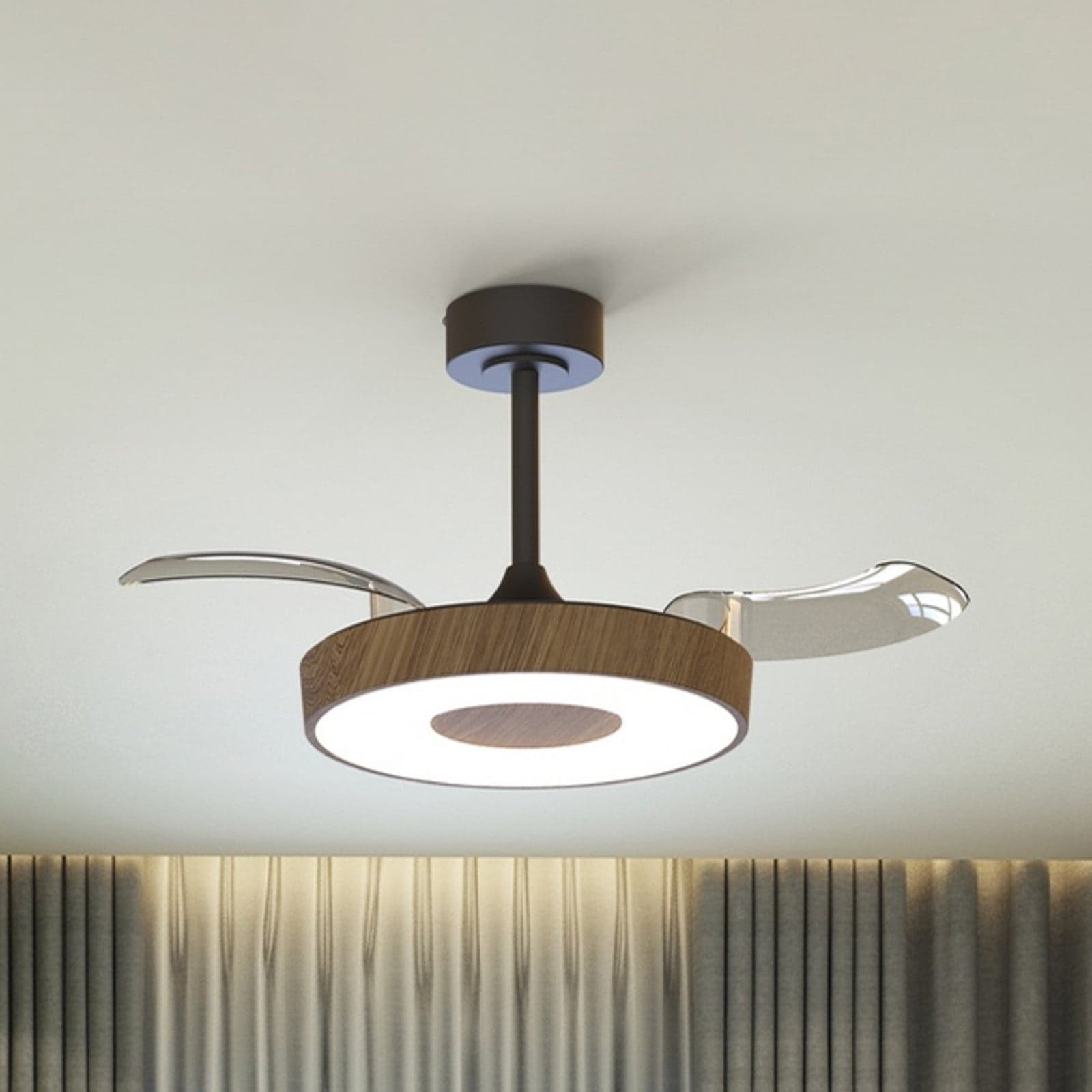 Älykäs LED-kattotuuletin Coin Mini, puu/musta – Mantra Mantra Iluminación - Olohuone - Moderni - Metalli – Mantra Iluminación