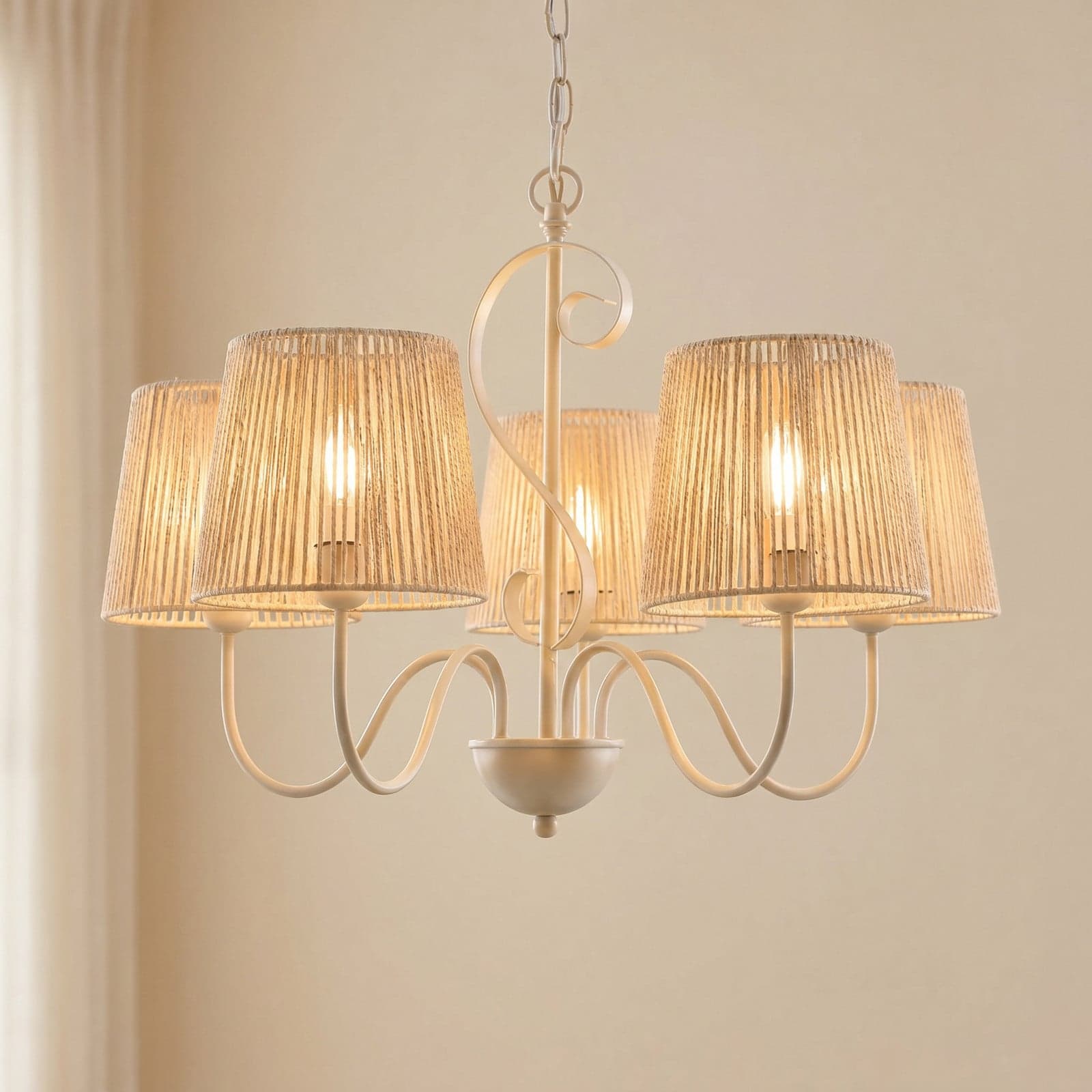 Eugenia-kattokruunu, 5-lamppuinen, köysipäällysteinen, halkaisija 65 cm, beige, Lucande - Olohuone - Paperi / pahvi - Varjostimella – Lucande