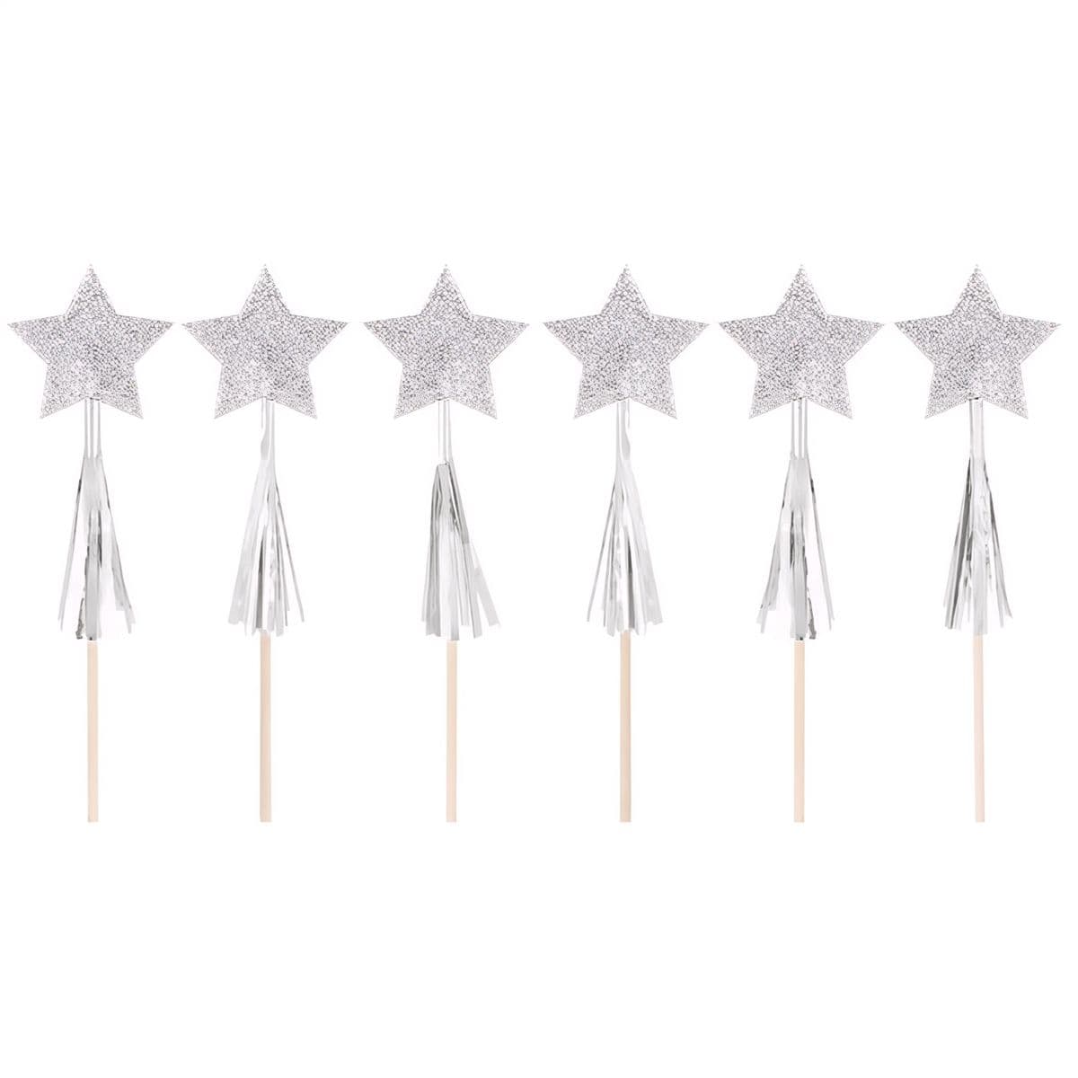 Koristetikut - Hopeiset kimalletähdet hapsuilla, 6 kpl